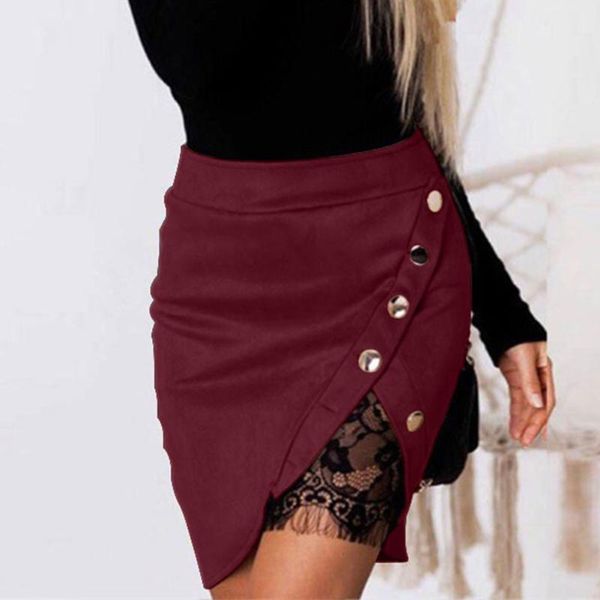 

skirts women lace patchwork suede leather all-match causal party mini front buttons autumn winter bust skirt pencil high waist, Black