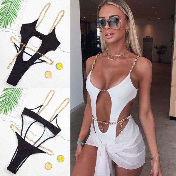 

chain bikini cut out women's one piece swimsuit c55, White;black