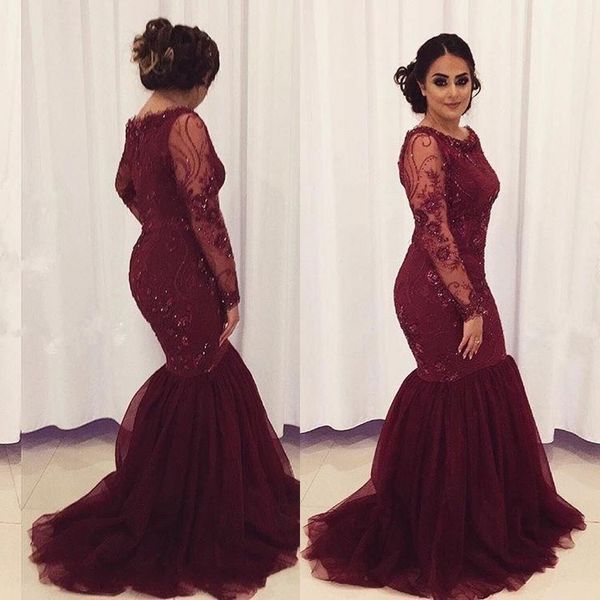 

2021 arabic burgundy evening dresses wear jewel neck illusion lace appliques crystal beaded mermaid long sleeves plus size formal party dres, Black;red