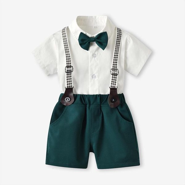 

cotton boys outfits 1 2 3 5 6 years children clothing short sleeve shirt green shorts with bow belt 4, White