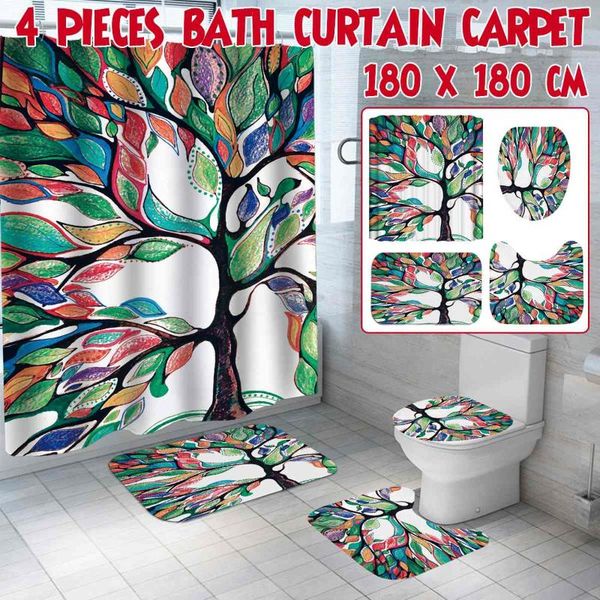 

colorful tree printing shower curtain set waterproof bath mat toilet lid cover non-slip rug carpet home bathroom decor curtains