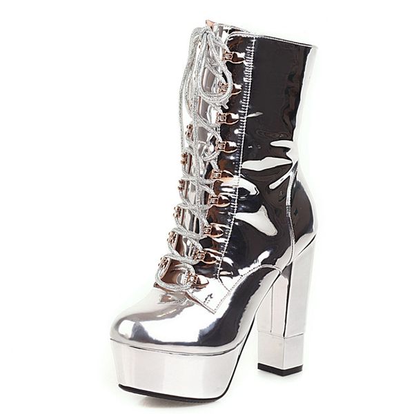 

boot winter in heels one inch chunky high rentals up silver teddy round toe shoes women boots, Black