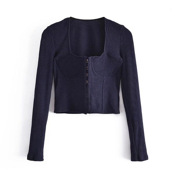 

women's knits & tees clazzaa fashion square neckline corset knitted crop women long sleeves covered buttons female fitted knit sweater, White