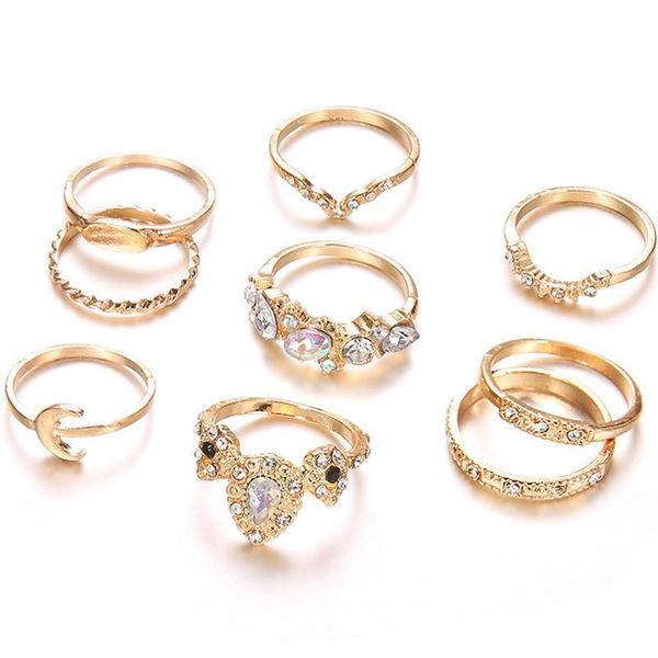 

bohemia antique gold crown flower moon heart carved rings set for woman jewelary wedding engagement gifts, Golden;silver
