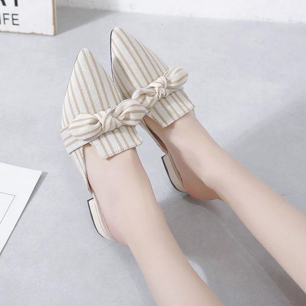 

slippers pointed half women summer wear style women's striped bow baotou thick heel muller 80d5, Black