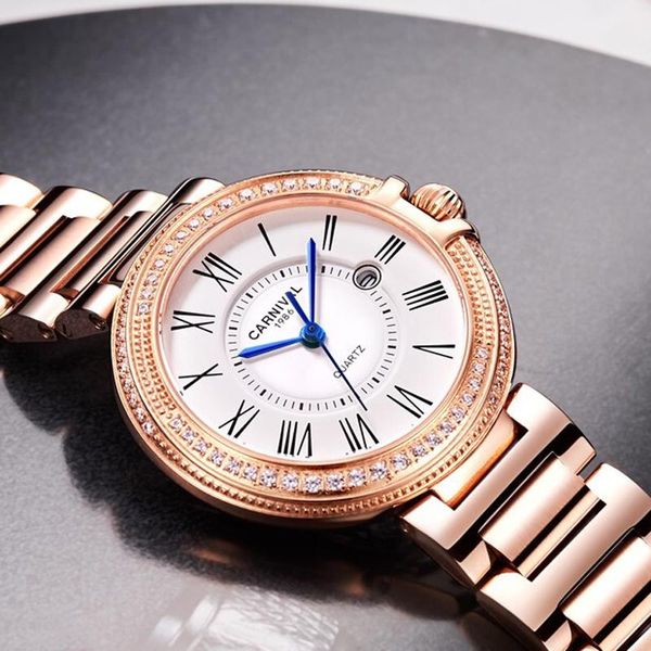 

wristwatches switzerland carnival watch women quartz ladies watches diamond sapphire waterproof female japan miyota movement c8, Slivery;brown