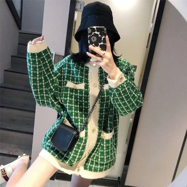 

women's knits & tees [ewq] autumn 2021 sweater coat retro shirt check long sleeve single breasted plaid loose knit cardigan tide ladies, White