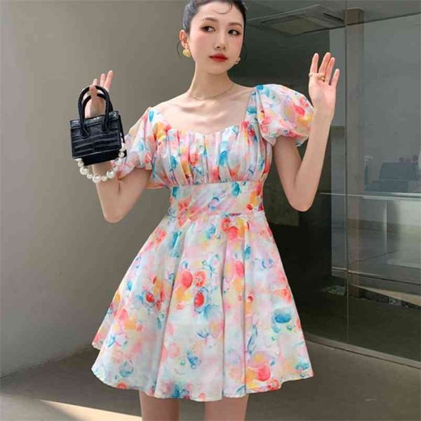 

retro chic print sweet dress summer women casual lace up elegant square collar ruched mini vestidos 210519, Black;gray