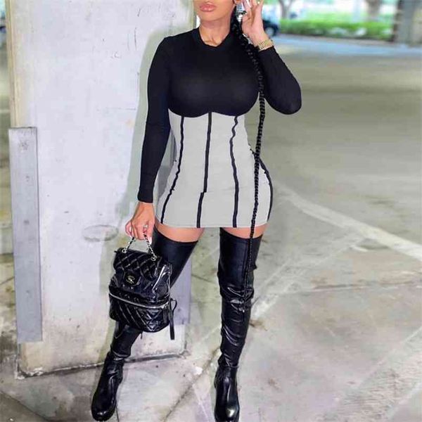 

omsj autumn winter ribbing contrast color slim women bandage dresses solid o-neck long sleeve stripe mini vestidos 2 colors 210517, Black;gray