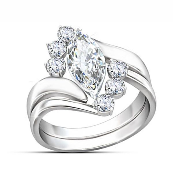 

wedding rings luxury female white crystal stone ring set charm silver color for women dainty leaf zircon thin engagement, Slivery;golden