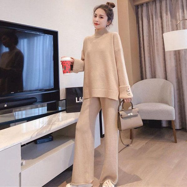 

women's two piece pants 2 pieces set women knitted tracksuit turtleneck sweater + carrot jogging pullover outwear+pant, White