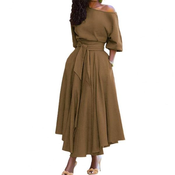 

casual dresses 70% sell dress oblique shoulder comfortable lace-up solid color tie waist belt for work, Black;gray