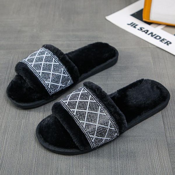 

slippers 2021 winter women fur rhinestone slides furry black home plush