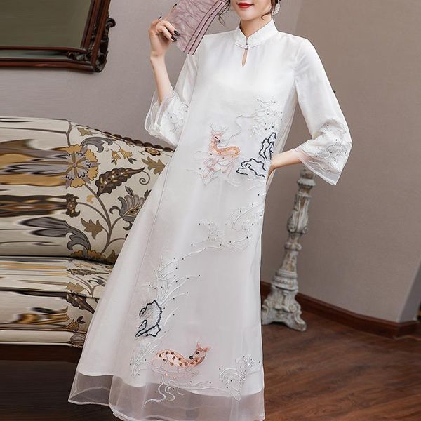

ethnic clothing a-line satin cheongsam oversize 3xl women embroidery floral chinese dress mandarin collar mesh sequins qipao slim vesti, Red