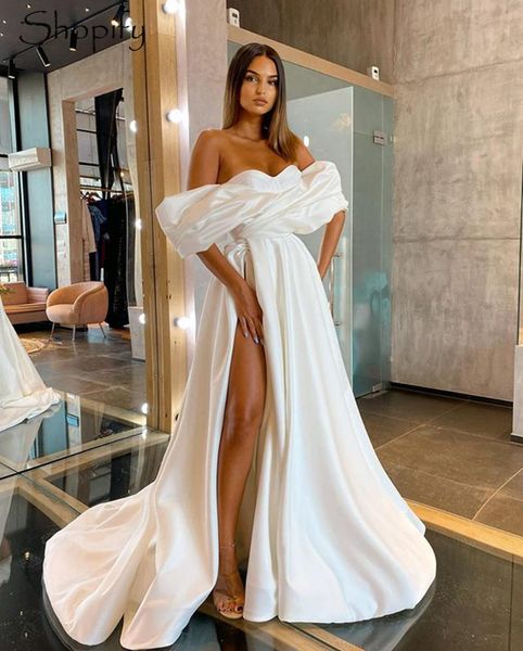 

party dresses white satin long evening dress 2021 off the shoulder high slit dubai floor length women formal gowns, White;black