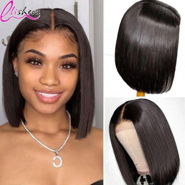 

short bob wig with bangs 13x1x4 straight front human hair t part lace for black women preplucked wigs, Black;brown