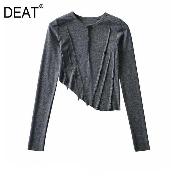 

[deat] spring summer fashion round neck solid color long sleeve irregular chic women t-shirt 13c602 210527, White