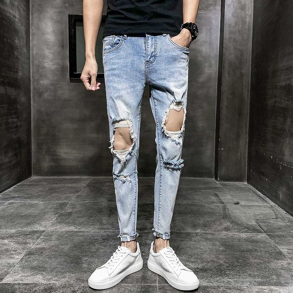 

men's jeans wholesale 2021 fashion street casual hip hop ripped hole students teenagers social people male beggars pants, Blue