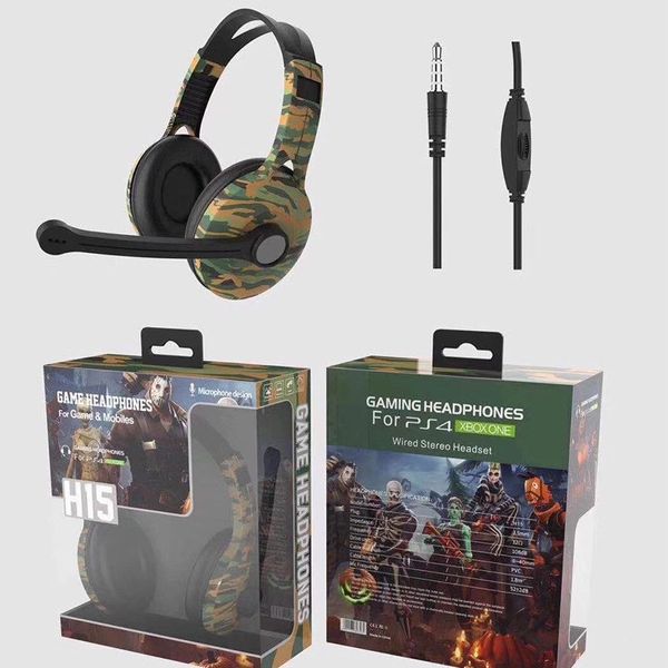 H14 H15 H16 H17 H18 Fone de ouvido para jogos com fio de 3,5 mm com microfone camuflado Capacete PC Fones de ouvido estéreo Luz LED para Xbox One / laptop tablet / camuflagem de telefone