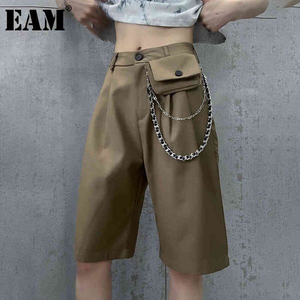 [EAM] Hohe Elastische Taille Khaki Metall Kette Knielangen Hosen Lose Fit Hosen Frauen Mode Frühling Sommer 1DD7938 21512