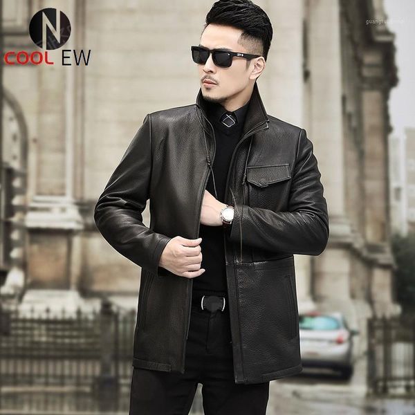 

men's leather & faux ol business natural jacket men casual medium long windbreaker luxury turn-down collar zipper formal oversize 4xl, Black