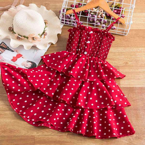 Ragazze Sling Dress For Kids Summer Mesh Tulle Chiffon Polka Dot Costume Bambini Rosso senza maniche Evening Party Ball Gown Abbigliamento Q0716