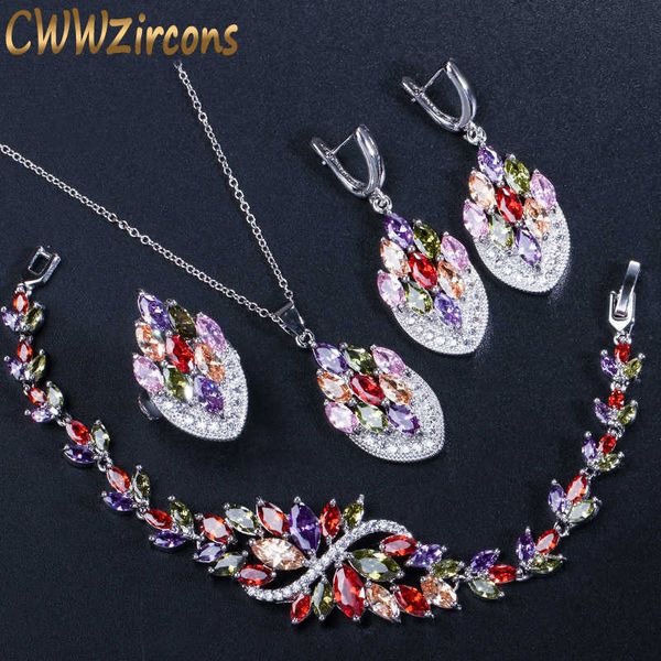 

elegant multi red purple green color cubic zirconia crystal luxury brand jewelry set for women christmas gift t308 210714, Silver