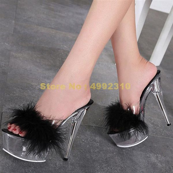 

slippers extreme high heels clear fashion fur summer sandal shoes, Black