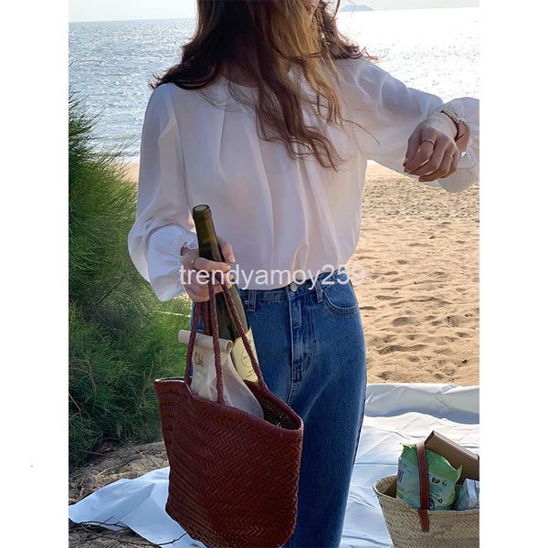 

women's blouses & shirts gentle wind trumpet sleeve shirt women's spring round neck thin loose pleated 15905, White