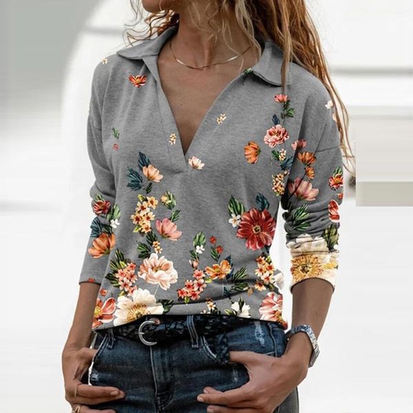 

women's blouses & shirts spring women blouse v-neck long sleeve sweatshirts vintage shirt woman floral print pullover ladies casual fem, White