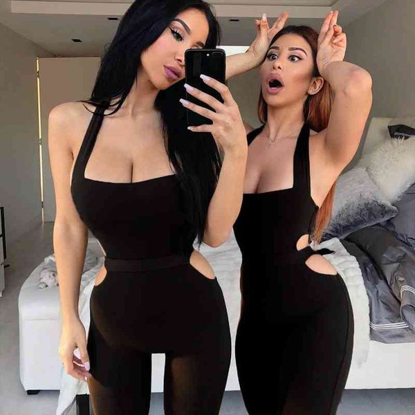 

women ladies cut out clubwear strape bodycon party jumpsuit trousers, Black;white