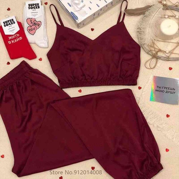 

women bra pajamas suit v-neck solid color stain camisole sleepwear spaghetti strap intimate lingerie long pants set, Black;red