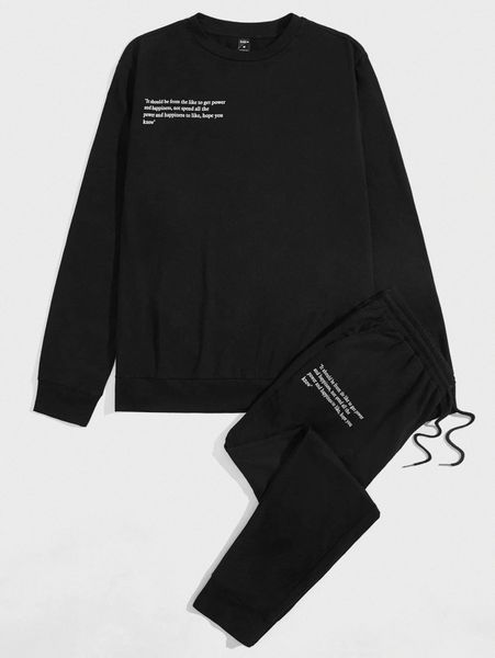 

men slogan graphic pullover & drawstring waist sweatpants d2a9#, Gray