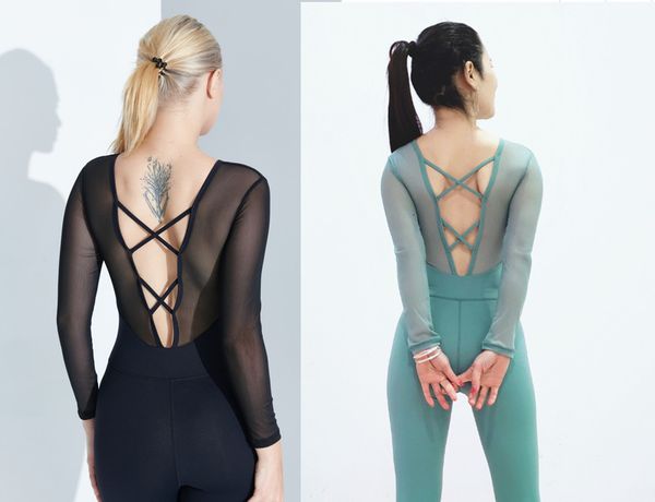 

yoga suit air long sleeve mesh breathable stitching one-piece back jumpsuit, Gray