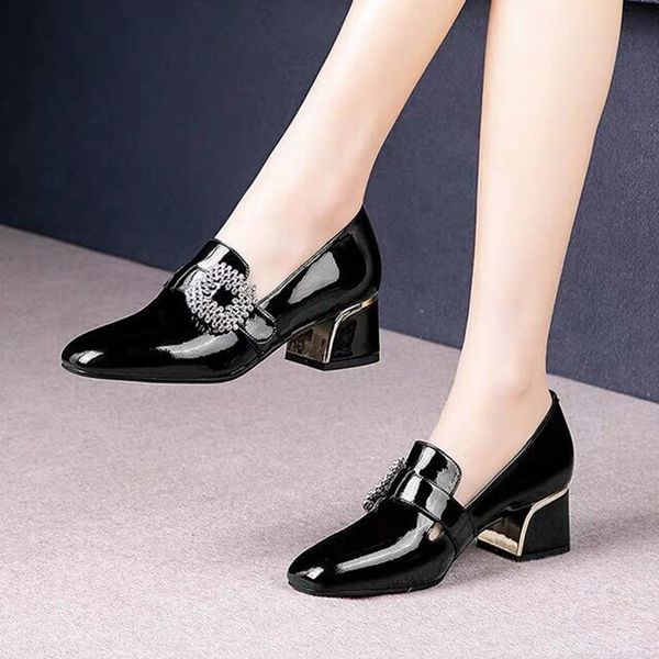 

sandals more size female bombs strass buckle boat shoes patent leather dress toe square footwear ladies office zapatos mujer 7794 3rhd, Black