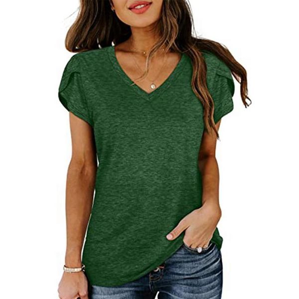 

women's t-shirt petals sleeves women tee shirts casual short-sleeved t-shirts v collar summer solid color tees, White