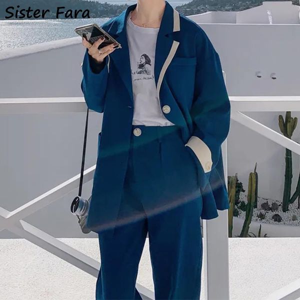 

women's two piece pants sister fara spring autumn elegant notched blazers set+high waist straight full length ladies casual suit, White