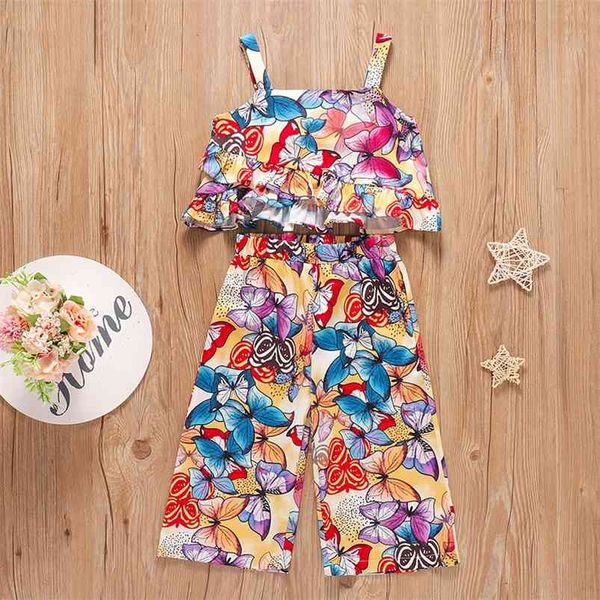 

summer children sets casual strap ruffles print butterfly stright pants 2pcs girl boys clothes 4-10t 210629, White