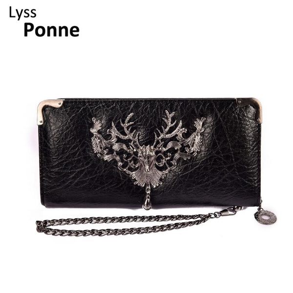 

women wallet pu leather purse female long gold metal deer pouch handbag for coin card holders clutch wallets, Red;black