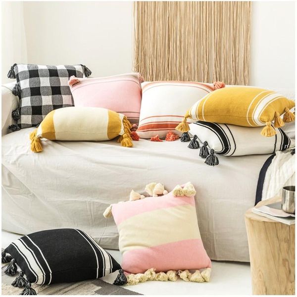 

cushion/decorative pillow striped knitted cushion cover pink yellow nordic style case with tassle for sofa bed room home decorative 45*45cm/