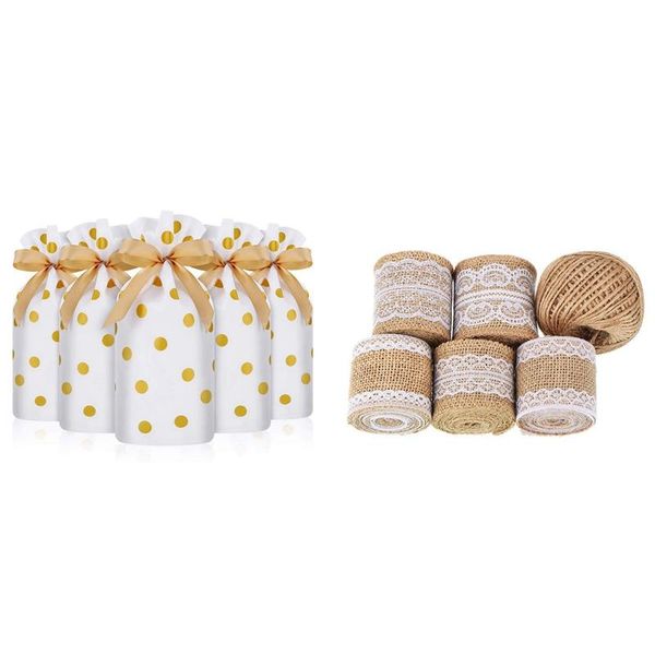 

gift wrap 50 packs treat bags with drawstring candy & 1 set natural burlap lace craft ribbon roll 130 feet jute twine