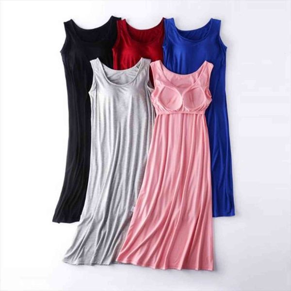 

sleeveless vest dress womens sleepwears nightgowns chest bra padded nightdress female modal cotton nightshirt  4xl, Black;red