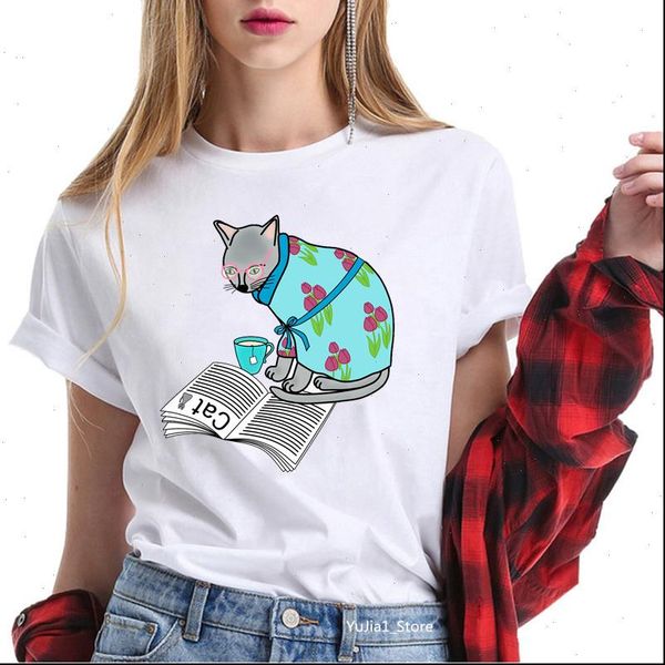 

womens summer t shirts clothing funny cat love book and coffee women cute harajuku white female shirt