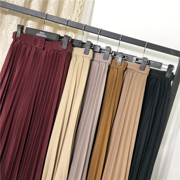 

skirts casual solid korean elastic high waist skirt pleated 2021 spring women midi womens with belt, Black