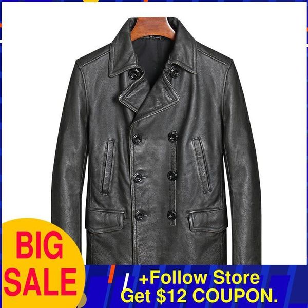 

men's leather & faux 2021 vintage black long casual style jacket men plus size 5xl genuine cowhide autumn double breasted pea coat