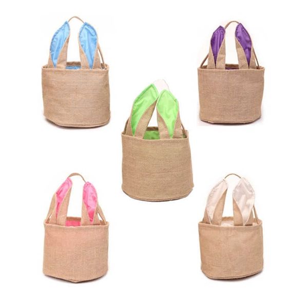 

2022 easter basket burlap rabbit ears handbag bunny basket easter jute canvas linen bags party festival gift bag portable baskets candy tote, Black