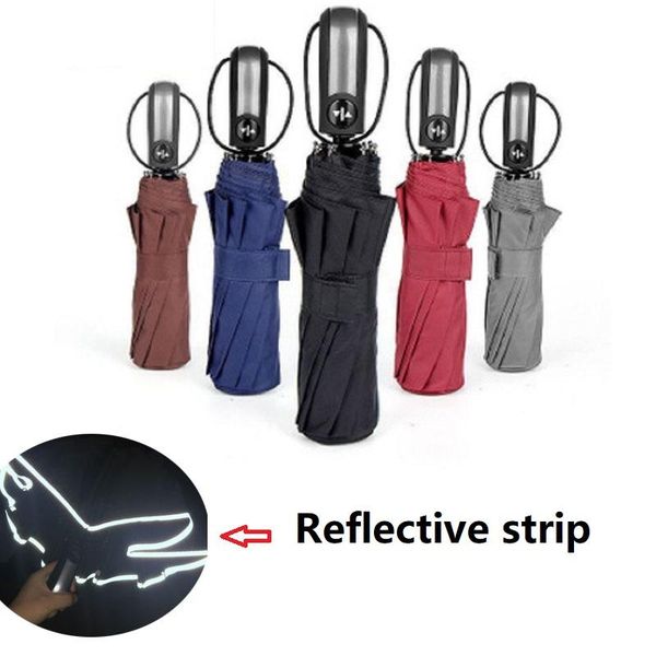 

umbrellas automatic umbrella three-folding business with reflective strips rain for men women black coating 2021