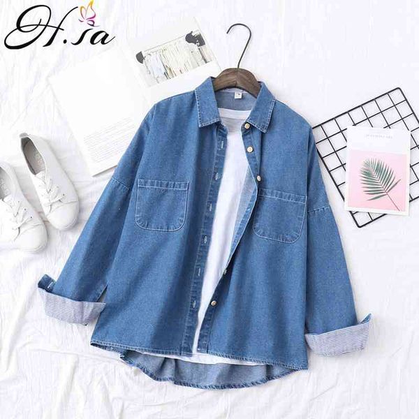 

h.sa spring jeans blusa and shirts long sleeve oversized button summer denim outwear korean pocket camisas mujer femme 210417, White
