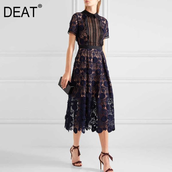 

[deat] summer fashion round neck high waist hollow out short sleeve solid color style dress women 13d014 210527, Black;gray