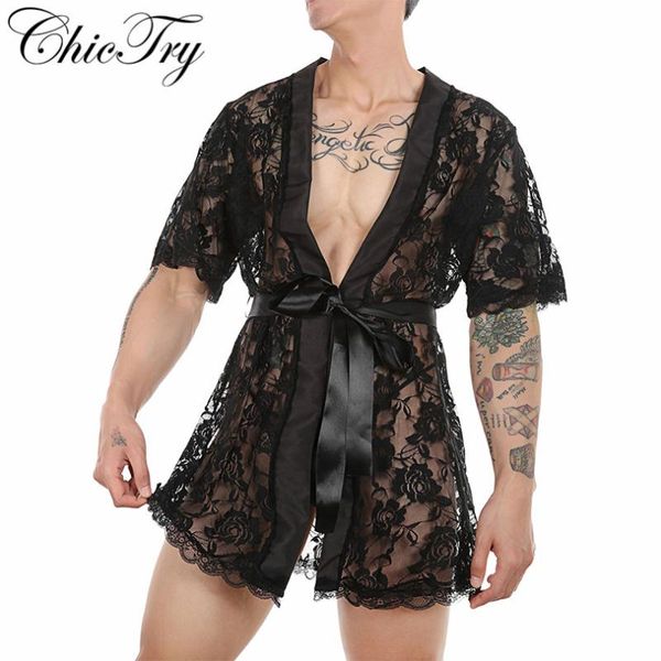 

iefiel mens sleepwear dress sissy robe see-through lace cardigan bathrobe lungewear nightwear with t-back belt men's, Black;brown